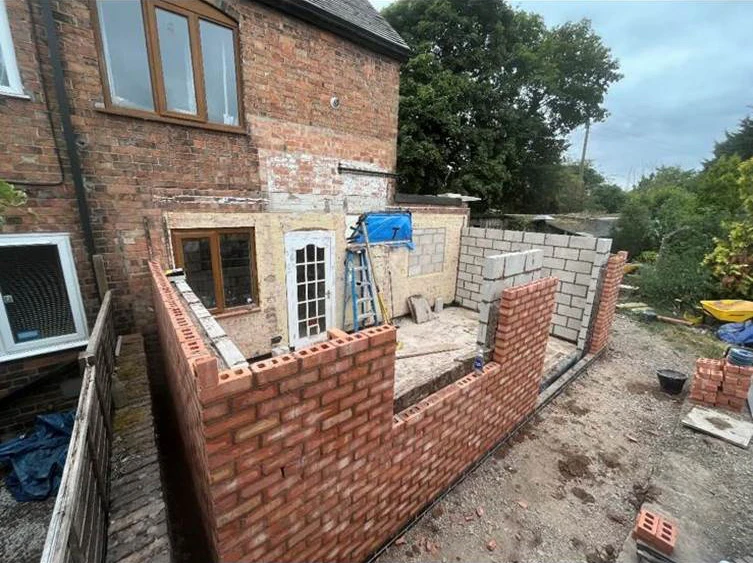 Extension build brickwork in progress in Brandon cottage rear extension, Coventry