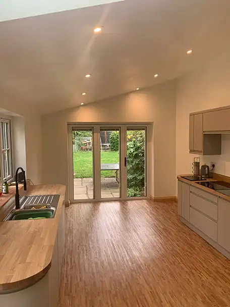 Rear house extension in Rugby, Warwickshire, showing a beautifully extended area, complete wit modern kitchen refurbishment and modern fixtures and fittings